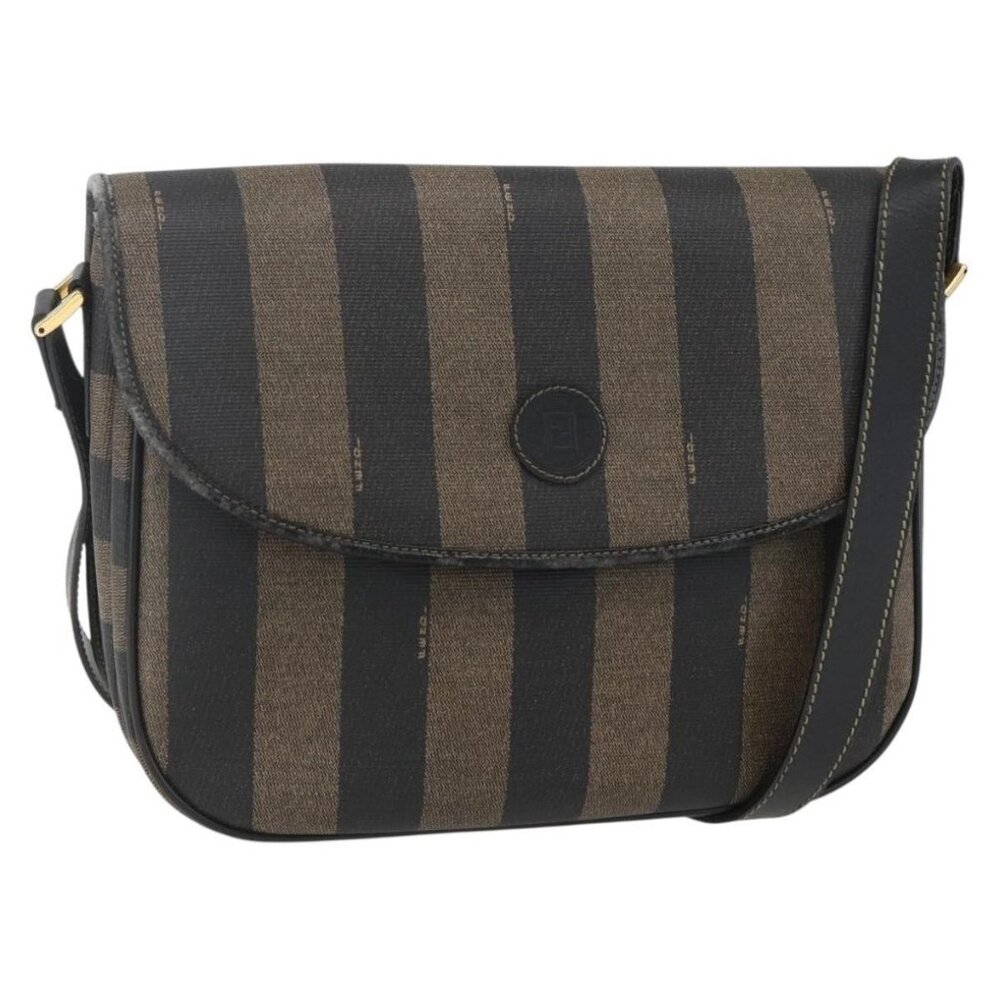 Authentic FENDI Pecan Canvas Shoulder Bag PVC Black Brown gold